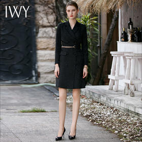 IWY/赫本风黑色连衣裙女秋冬缎面暗花纹长袖西服裙高级Q758