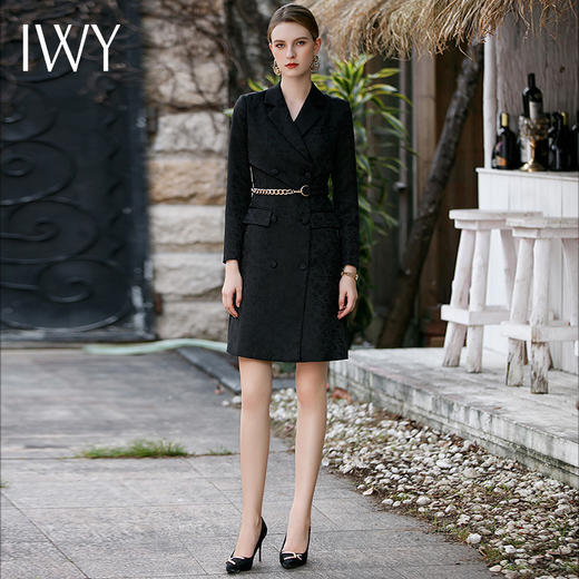 IWY/赫本风黑色连衣裙女秋冬缎面暗花纹长袖西服裙高级Q758 商品图0