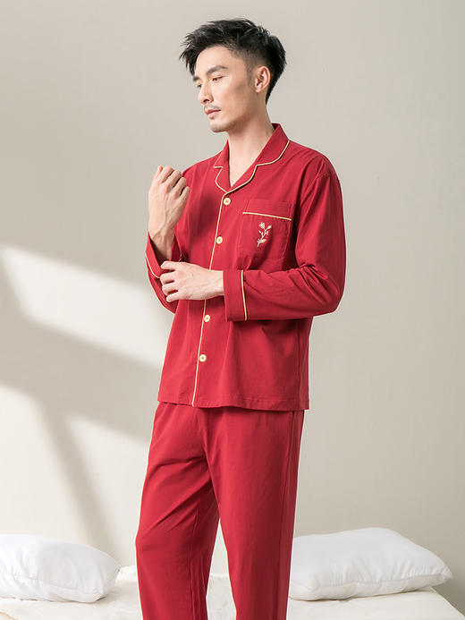 康妮雅睡衣家居服 男式长袖长裤开襟套装*枣红 商品图5