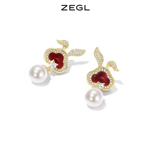ZEGL设计师本命年系列如意兔子耳环女红玛瑙耳钉耳夹人造珍珠耳饰 商品图3