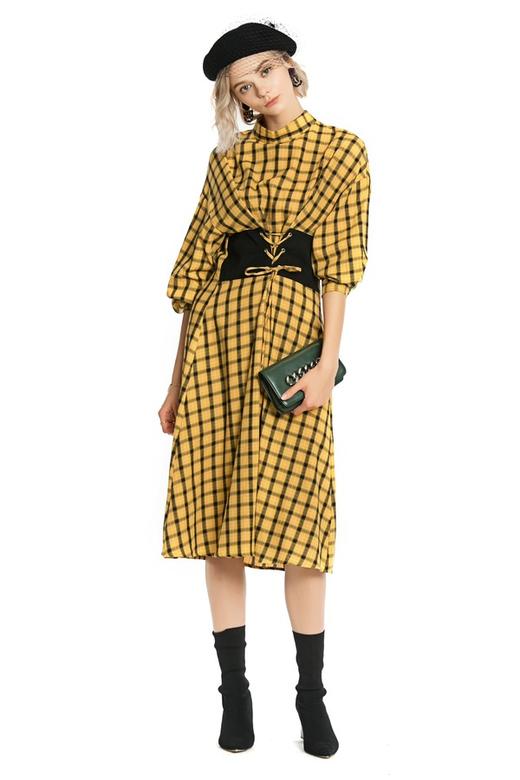 ibudu伊布都 绑带束腰格纹连衣裙 4215 商品图1