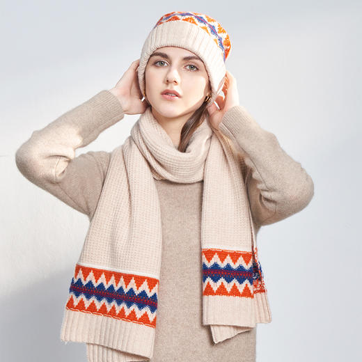 【纯羊绒围巾+帽子】羊绒世家秋冬新品女士100%山羊绒针织保暖围巾撞色条纹帽子 商品图0