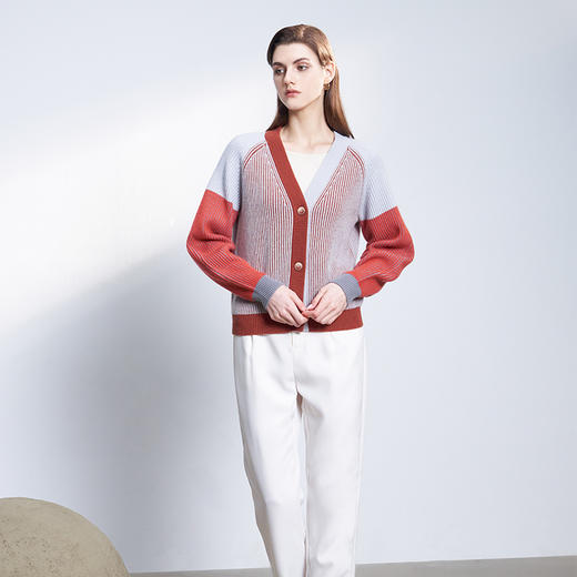 【撞色V领针织开衫】羊绒世家22年秋冬新品女士100%山羊绒开衫长袖撞色条纹针织毛衣 商品图1