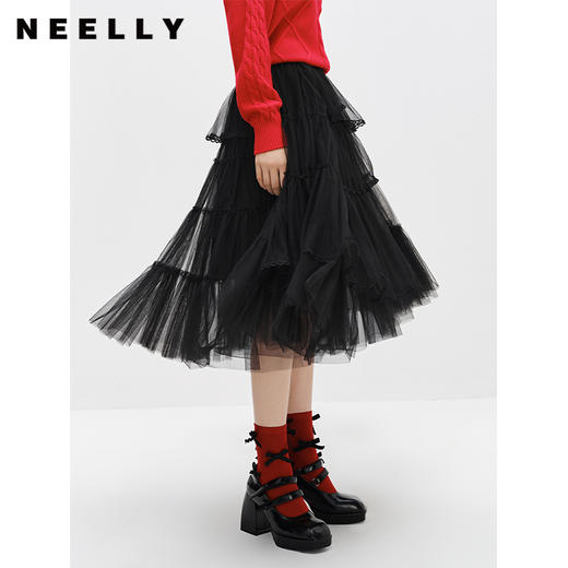 NEELLY纳俪商场同款黑色半身裙女中长款百搭纱裙冬季新款A字裙N22122E01182 商品图1