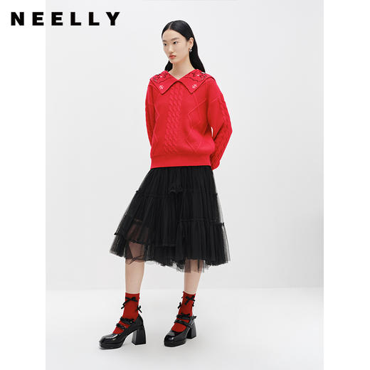 NEELLY纳俪商场同款黑色半身裙女中长款百搭纱裙冬季新款A字裙N22122E01182 商品图2