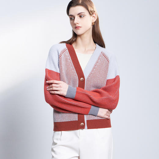 【撞色V领针织开衫】羊绒世家22年秋冬新品女士100%山羊绒开衫长袖撞色条纹针织毛衣 商品图0