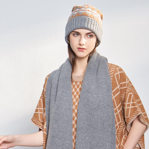 【纯羊绒围巾+帽子】羊绒世家秋冬新品女士100%山羊绒针织保暖围巾撞色条纹帽子 商品图3