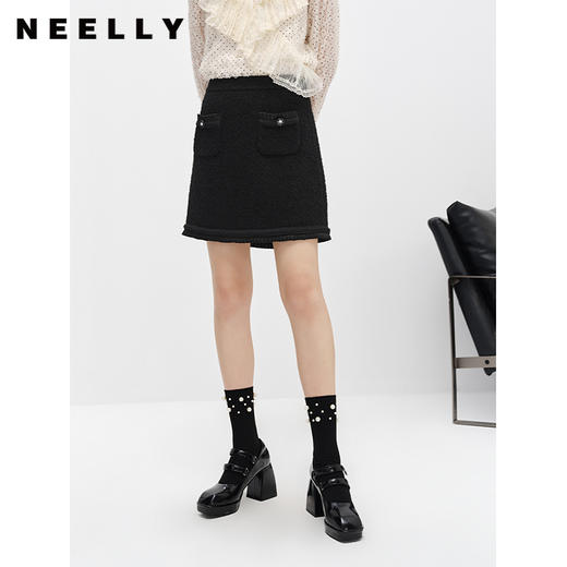 NEELLY纳俪商场同款小香风黑色半身裙女冬季新款高腰A字裙短裙N22122E01184 商品图2