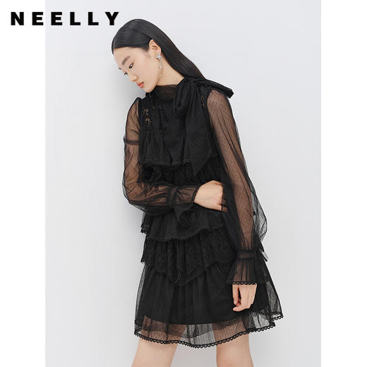 NEELLY纳俪商场同款冬季新款黑色蕾丝连衣裙女中长款气质蛋糕裙N22122Y01175 商品图1