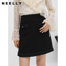NEELLY纳俪商场同款小香风黑色半身裙女冬季新款高腰A字裙短裙N22122E01184