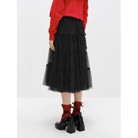 NEELLY纳俪商场同款黑色半身裙女中长款百搭纱裙冬季新款A字裙N22122E01182