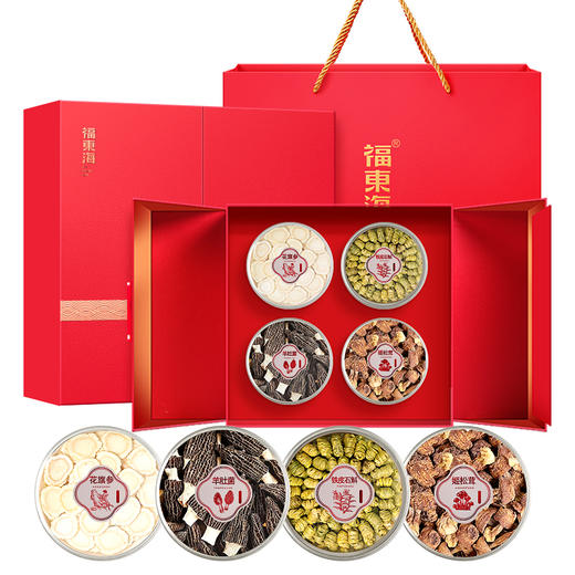 福东海 四拼礼盒羊肚菌25克+花旗参100克+姬松茸50克+铁皮石斛90克（265克）/盒 商品图0