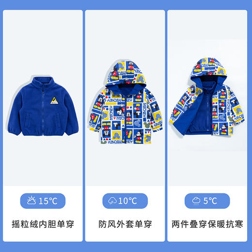 迪士尼童装秋冬新品男童时尚冲锋衣一衣三穿时尚摇粒绒外套223S1730 商品图5