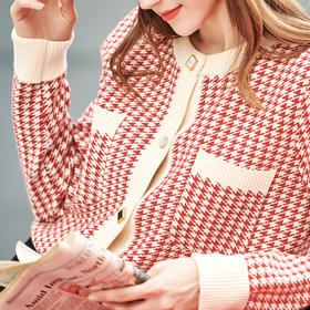 【欧芮儿会员日】【满300-30元】【满600-60元】OLrain欧芮儿法式红色格纹针织开衫女早春2023年新款外穿毛衣外套
