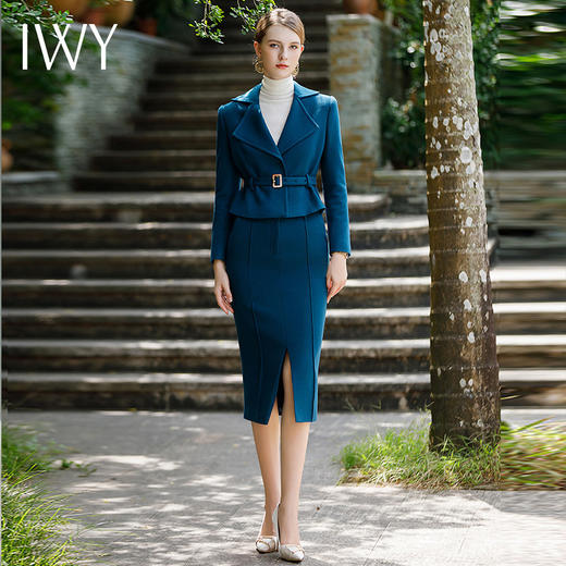 IWY/气质小香风法式西装半裙女蓝色绑带显瘦职业西装裙秋冬款时尚套装CP1688 商品图1