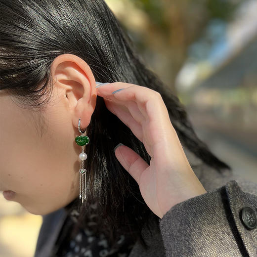 如意翡翠珍珠流苏耳环【定制】 商品图3