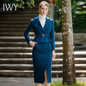 IWY/气质小香风法式西装半裙女蓝色绑带显瘦职业西装裙秋冬款时尚套装CP1688