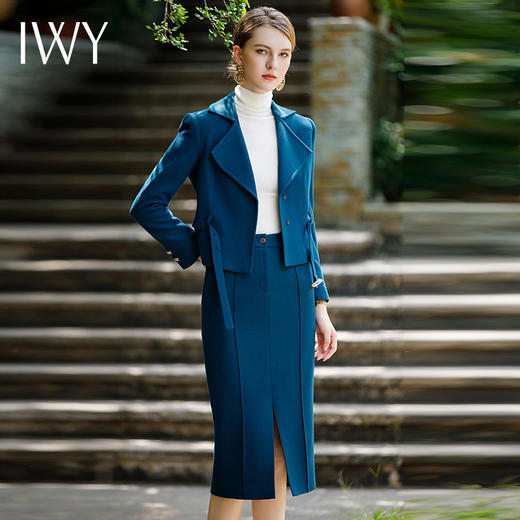 IWY/气质小香风法式西装半裙女蓝色绑带显瘦职业西装裙秋冬款时尚套装CP1688 商品图2
