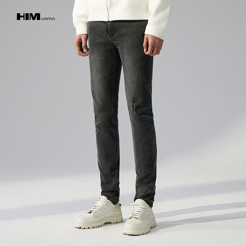 HIM漢崇 修身微弹牛仔裤时尚深灰做旧破洞休闲小脚裤男 2025秋季