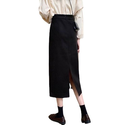 黑色毛呢半身裙高腰设计感后开叉包臀一步裙HN10803 商品图4