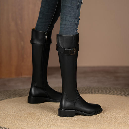 英伦风高筒骑士靴，显瘦皮带扣粗跟长靴HB-121-1 商品图1