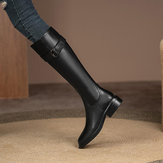 英伦风高筒骑士靴，显瘦皮带扣粗跟长靴HB-121-1 商品图3