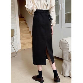 黑色毛呢半身裙高腰设计感后开叉包臀一步裙HN10803