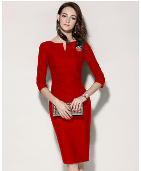 颈袖添香-连衣裙-小红裙 简约大气 干练修身 显瘦显白 J8182257C