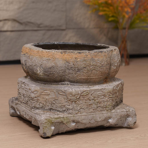 清 青石雕暗八仙方座花口盆 商品图4