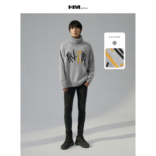 HIM漢崇 可翻高领毛衣潮流撞色字母宽松舒适休闲针织线衫2023冬季 商品图1