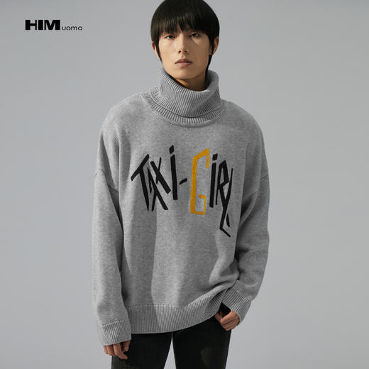 HIM漢崇 可翻高领毛衣潮流撞色字母宽松舒适休闲针织线衫2023冬季 商品图0