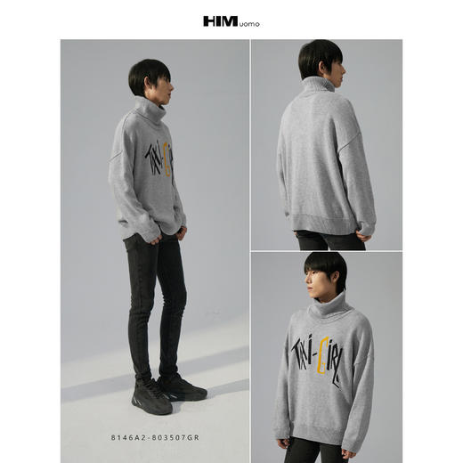 HIM漢崇 可翻高领毛衣潮流撞色字母宽松舒适休闲针织线衫2023冬季 商品图3