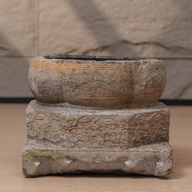 清 青石雕暗八仙方座花口盆