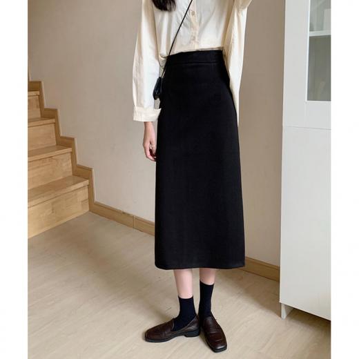 黑色毛呢半身裙高腰设计感后开叉包臀一步裙HN10803 商品图1