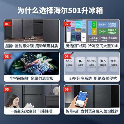海尔冰箱超薄侧T门四开门十字对开门 全变温空间 EPP超净杀菌 一级双变频WIFI操控 全空间保鲜BCD-501WLHTS19 商品图1
