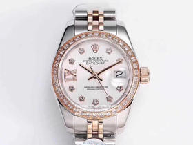 NOOB出品，女装日志型28㎜日志型279174-0009 ①：女装日志型的蚝式表壳是坚固优雅、美比例的典范。采用316L不锈钢来锻造不锈钢腕表表壳，具备高抗腐蚀性。