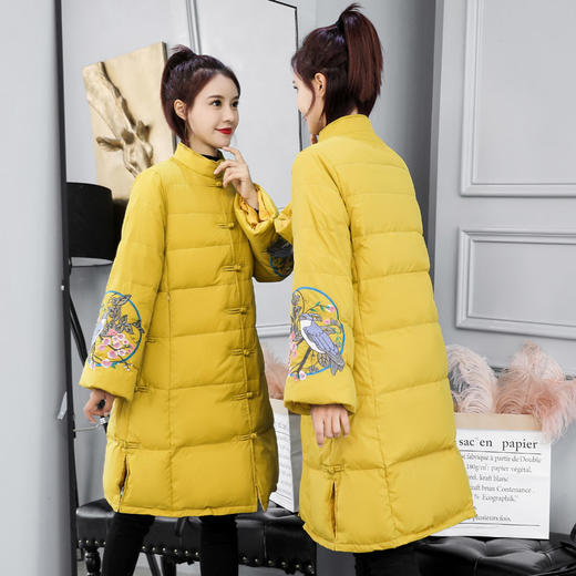 复古中国风，盘扣刺绣中长款白鸭绒喇叭袖羽绒服HR-HLGUO1936 商品图3