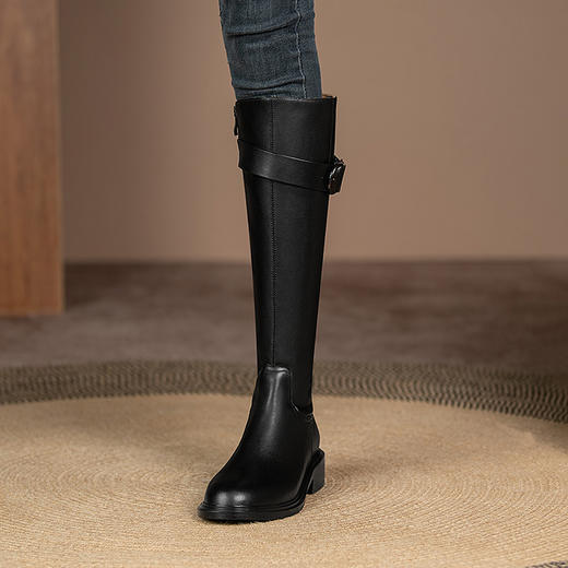 英伦风高筒骑士靴，显瘦皮带扣粗跟长靴HB-121-1 商品图4