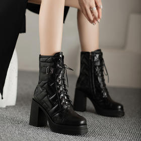 新款高跟短靴，松糕防水台系带粗跟马丁靴 JH-2281-1