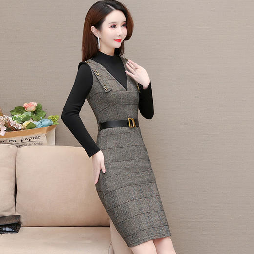 QYM M958 -Y厚款连衣裙拼结假两件格纹裙时尚气质 商品图1