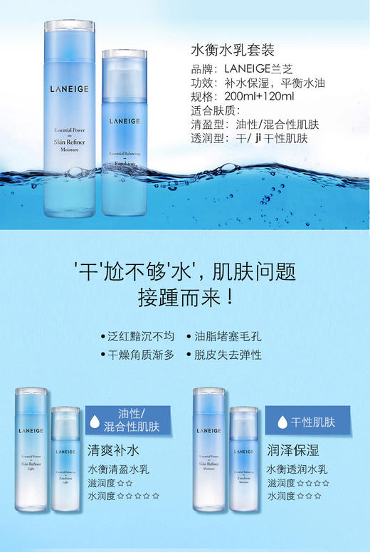 【现货】韩国兰芝LANEIGE水乳套装水库凝肌2件套水乳 清爽型 滋潤型 商品图3