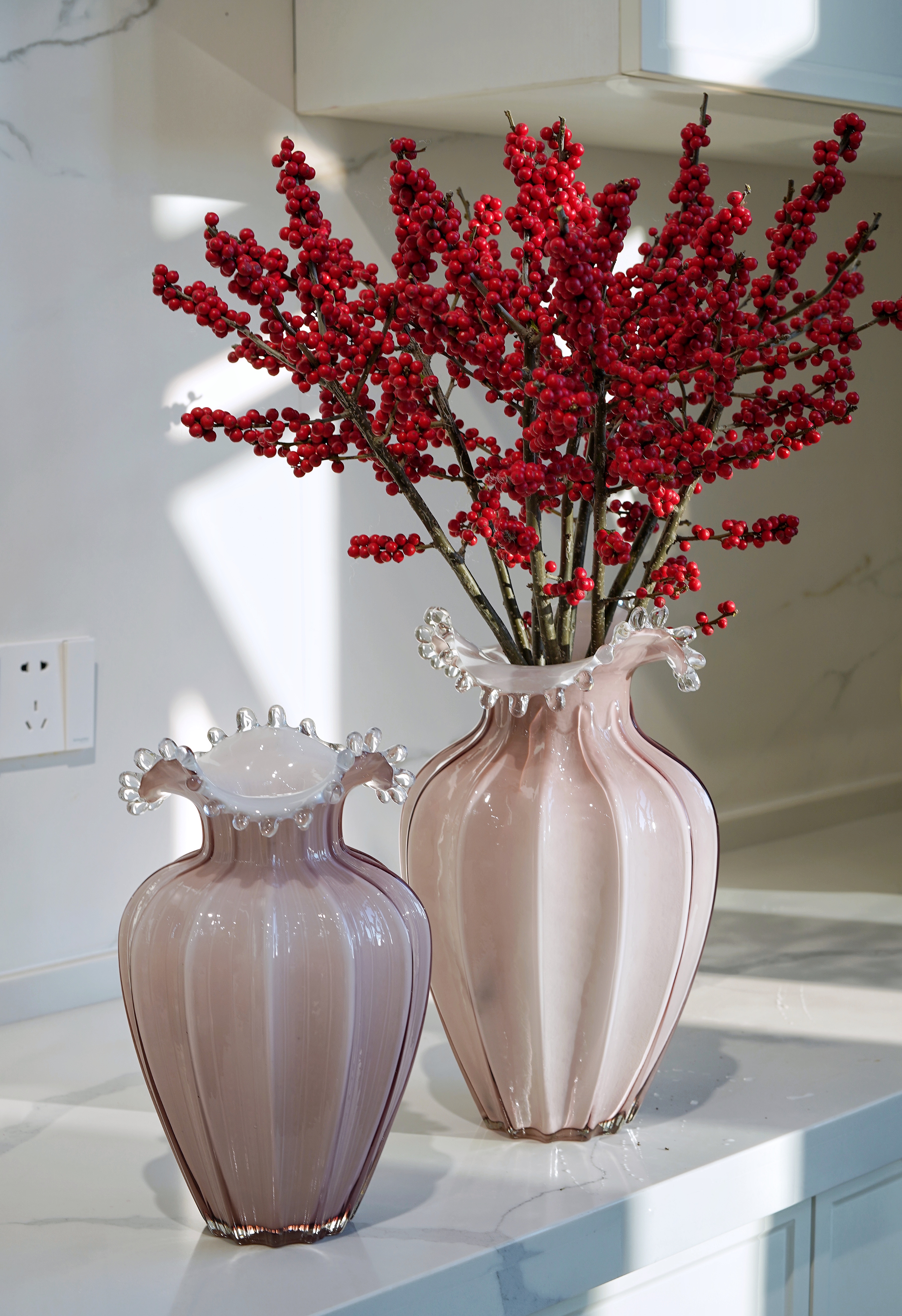 粉色磁粉水珠水滴波浪口玻璃花瓶花器工艺品摆件