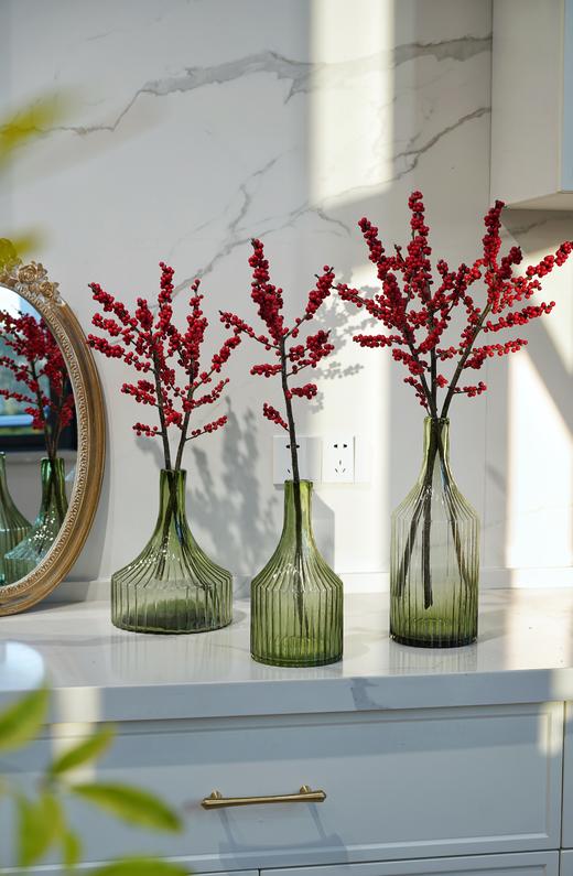 冬青碧轩复古条纹状简约古绿色窄口文艺清新台面玻璃花瓶摆件美式工业饰品 商品图1