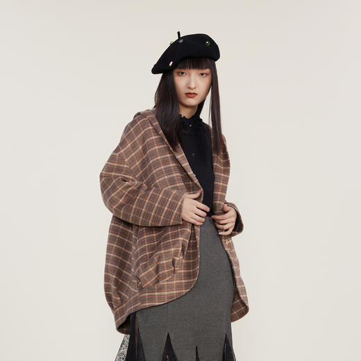 谜底2022冬新款A字型连帽大衣复古格纹宽松中长款双面呢224MD1743 商品图1
