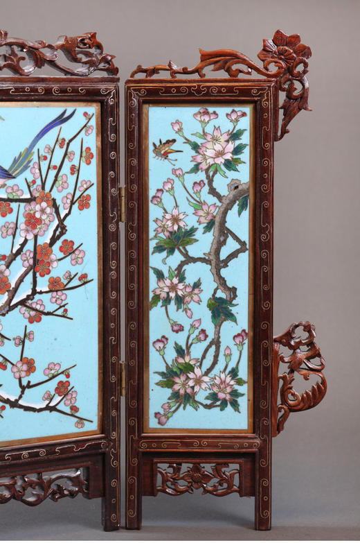 独角鹿西洋古董清代中国花叶纹镂雕木质边框掐丝珐琅三曲小桌屏 商品图4