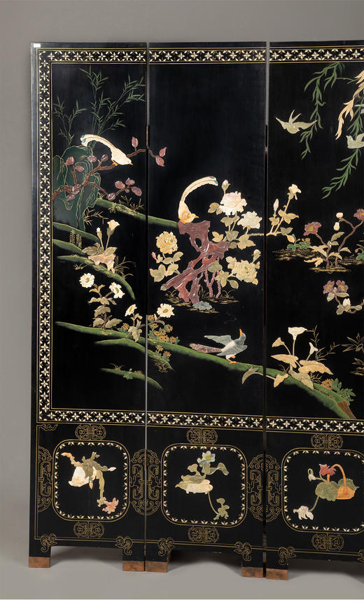 独角鹿西洋古董中国创汇时期黑漆木嵌寿山石东方花鸟主题四曲屏风 商品图2