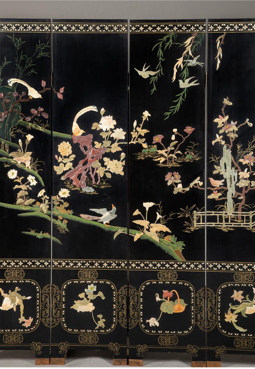 独角鹿西洋古董中国创汇时期黑漆木嵌寿山石东方花鸟主题四曲屏风 商品图3