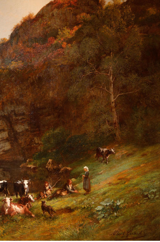 独角鹿西洋古董法国风景大型布面油画《生机勃勃的河畔风光》 商品图4