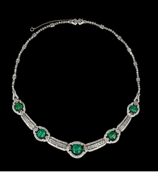 独角鹿西洋古董装饰艺术风格铂金镶祖母绿钻石珐琅几何造型项链 商品图2