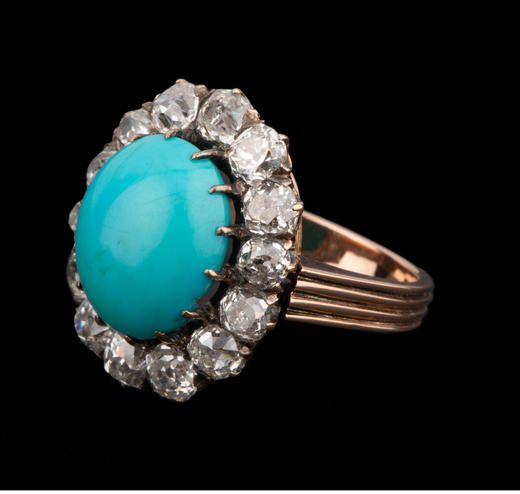 独角鹿西洋古董首饰法国18K黄金镶嵌钻石及绿松石玛格丽特款戒指 商品图2